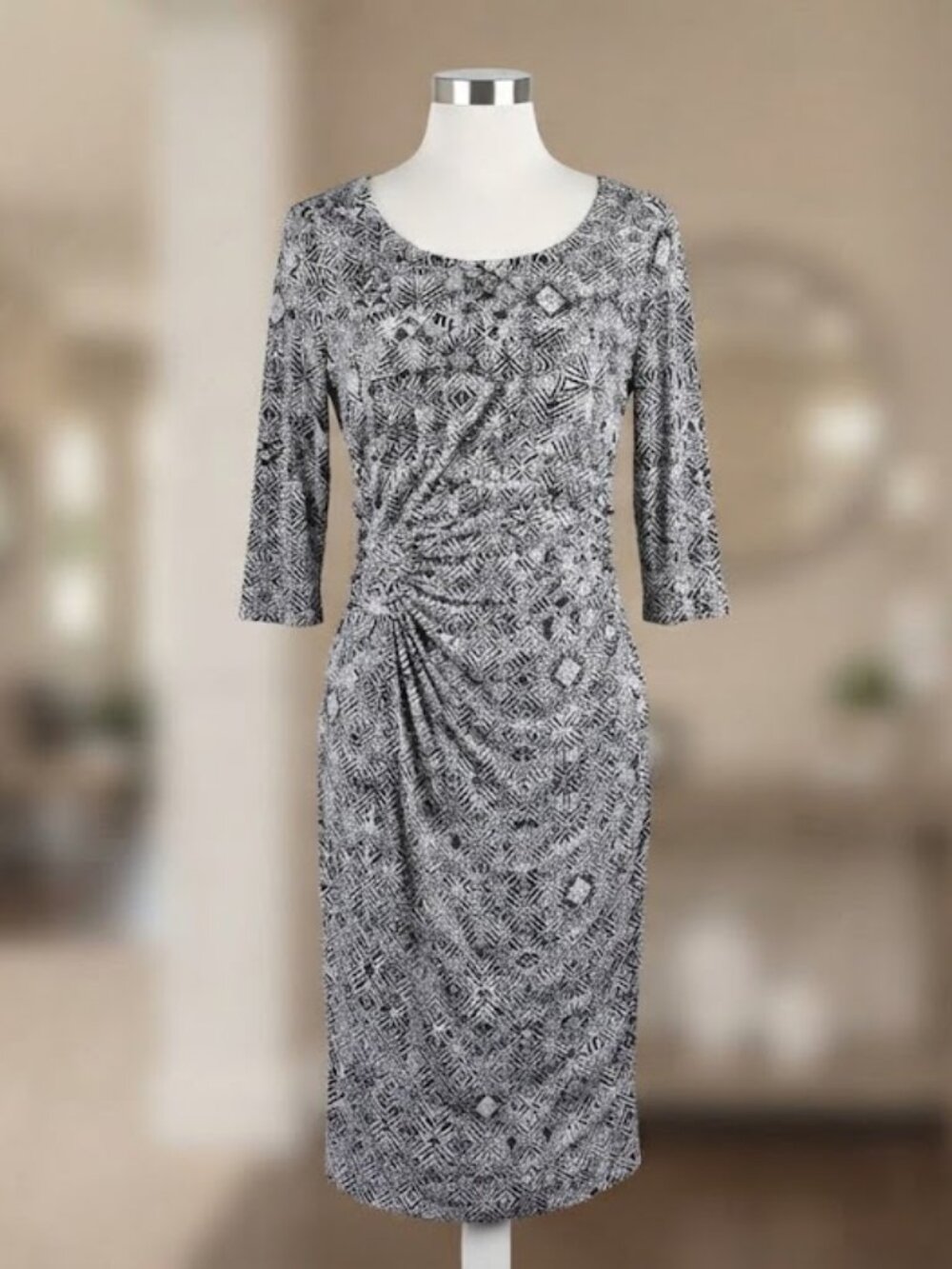 Triuhnology Black White Geometric Pattern Ruched Midi Dress Size 12 Workwear